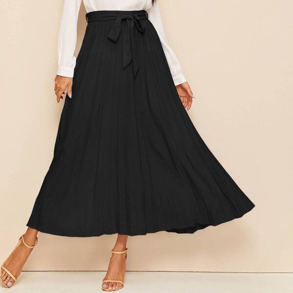 

High Waist Self Belted Pleated Skirt, Black
