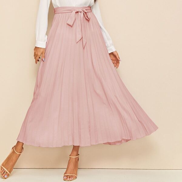 

High Waist Self Belted Pleated Skirt, Pink