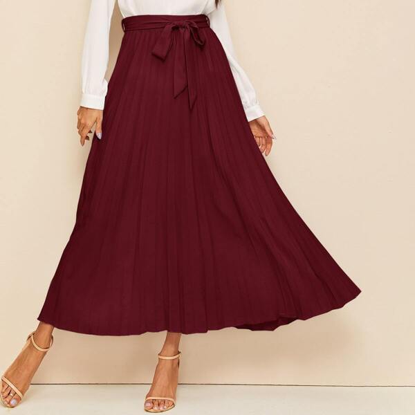 

High Waist Self Belted Pleated Skirt
