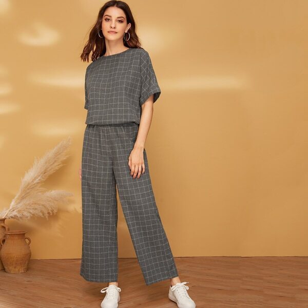 

Keyhole Back Top and Plaid Wide Leg Pants Set