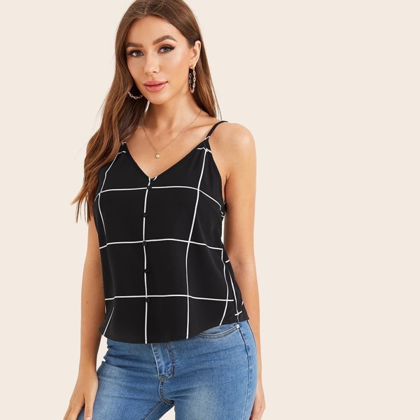 

Double V Neck Button Front Grid Top, Black