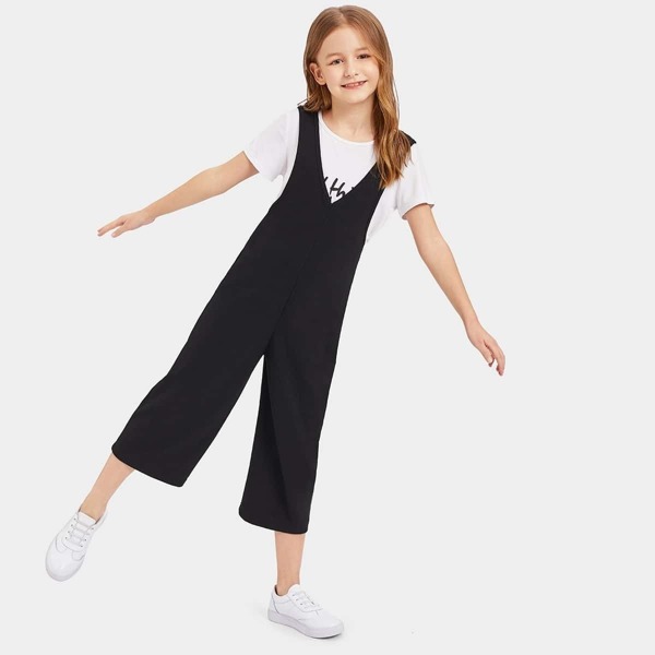

Girls Double V Neck Wide Leg Shell Jumpsuit, Black