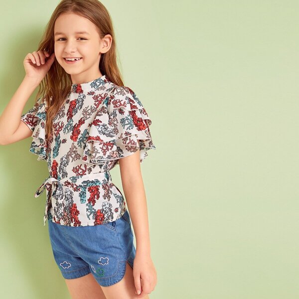 

Girls Layered Sleeve Coral Print Belted Top, Multicolor