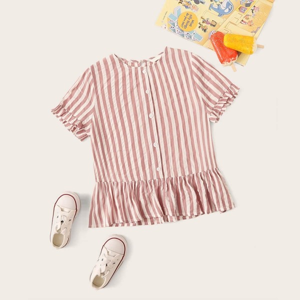 

Girls Button Front Ruffle Trim Striped Top, Pink pastel