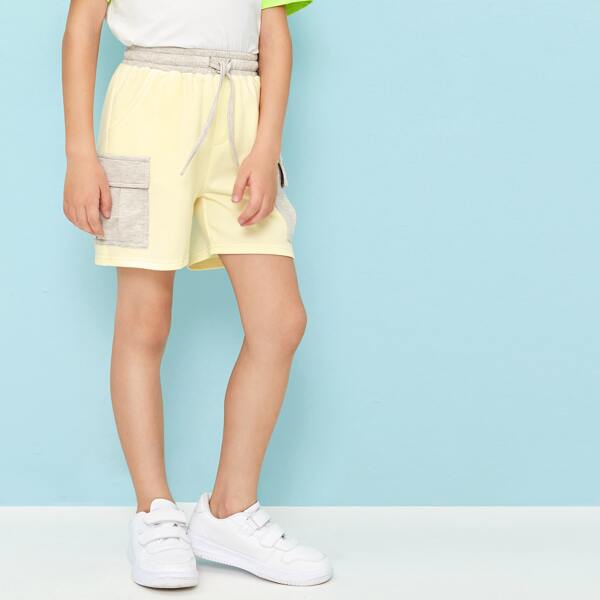 

Boys Heather Grey Panel Pocket Patched Side Shorts, Yellow pastel