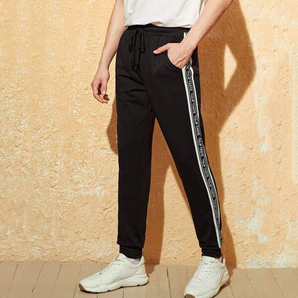 

Men Drawstring Waist Letter Tape Side SweatTrousers