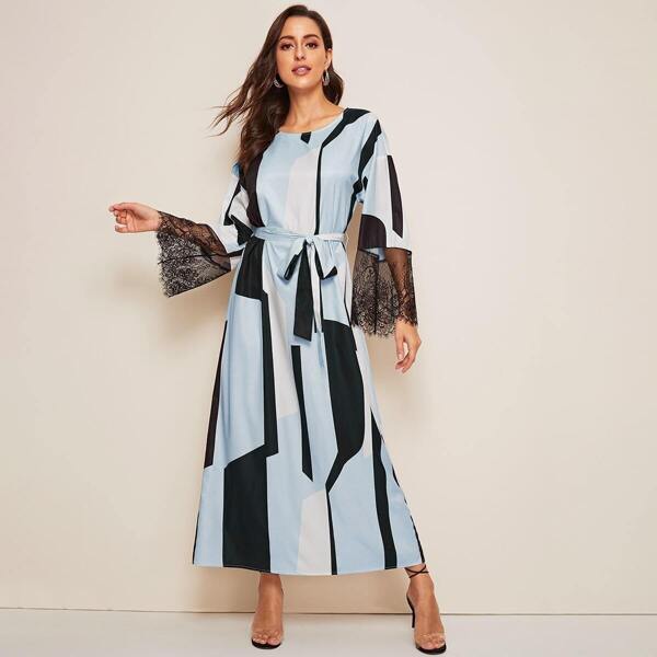 

Eyelash Lace Cuff Self Belted Colorblock Dress, Multicolor