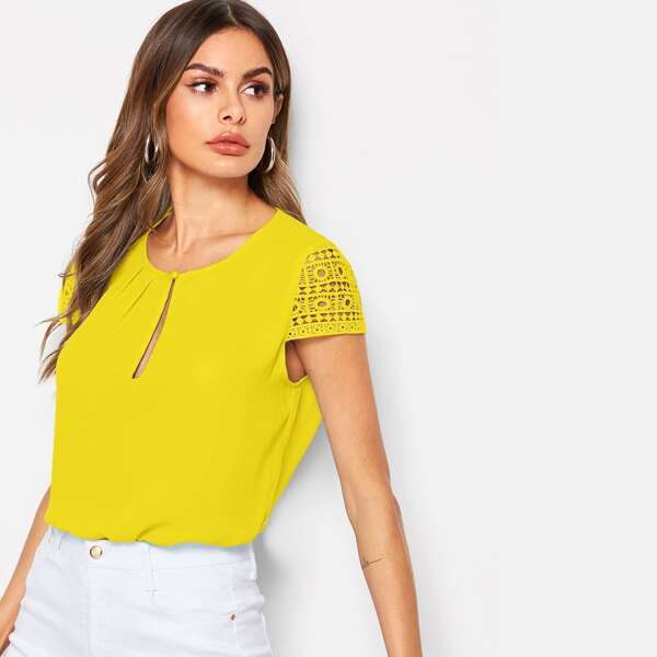 

Pleated Keyhole Front Lace Sleeve Top, Yellow