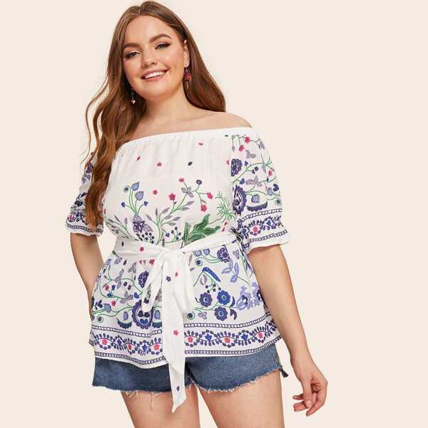 

Plus Botanical Print Self Belted Bardot Top, White