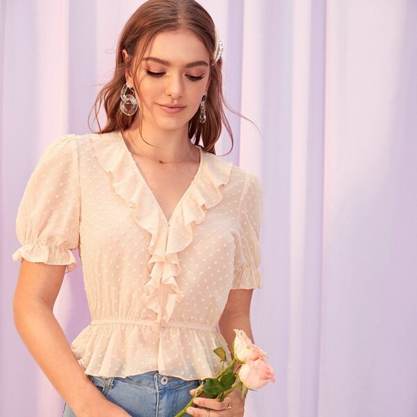 

V-neck Ruffle Trim Swiss Dot Peplum Top