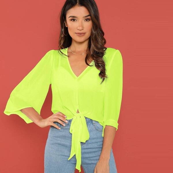 

Neon Lime Tie Front Semi Sheer Top, Green bright