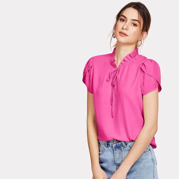 

Frill Trim Tie Neck Petal Sleeve Top, Pink bright