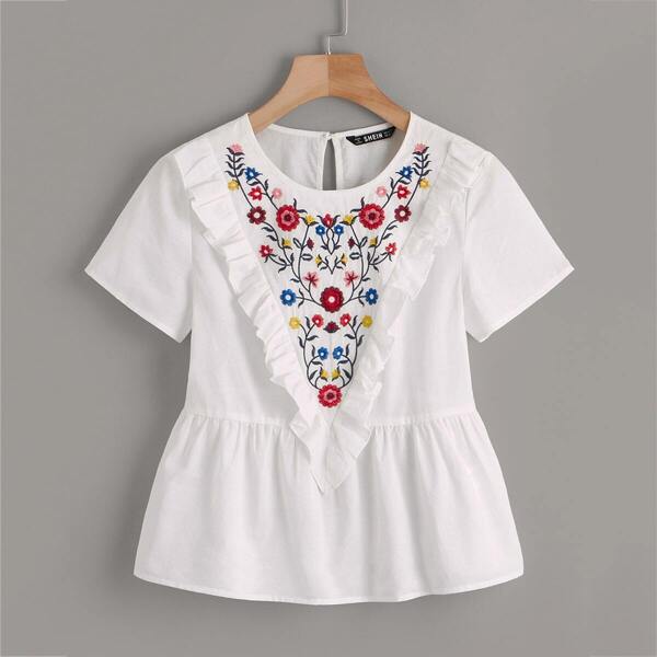 

Botanical Embroidered Ruffle Trim Top