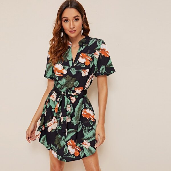 

Tropical Floral Print High Low Hem Belted Dress, Multicolor