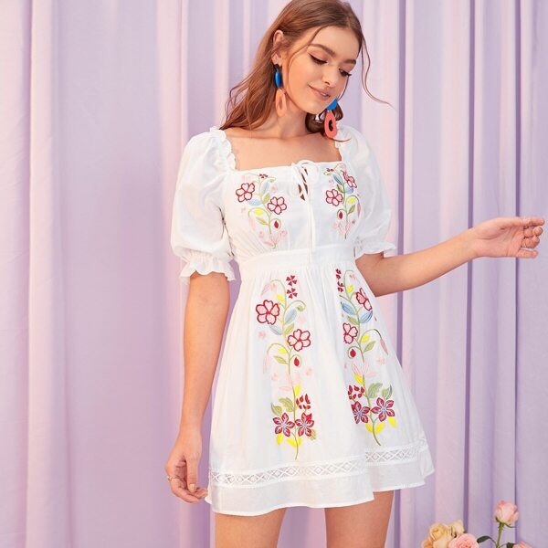 

Tie Neck Embroidered Floral Lace Insert Dress, White