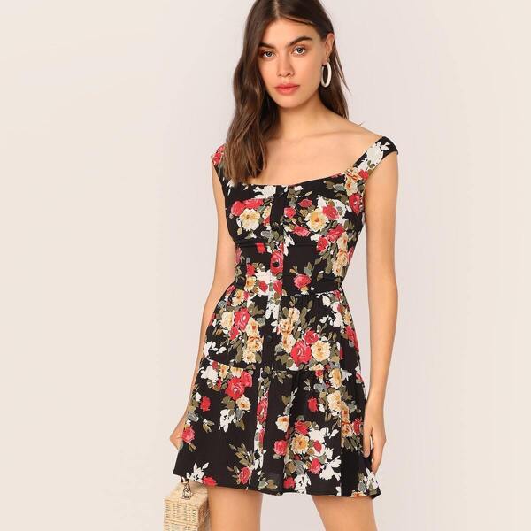 

Floral Print Button Front Bustier Bra Flare Dress