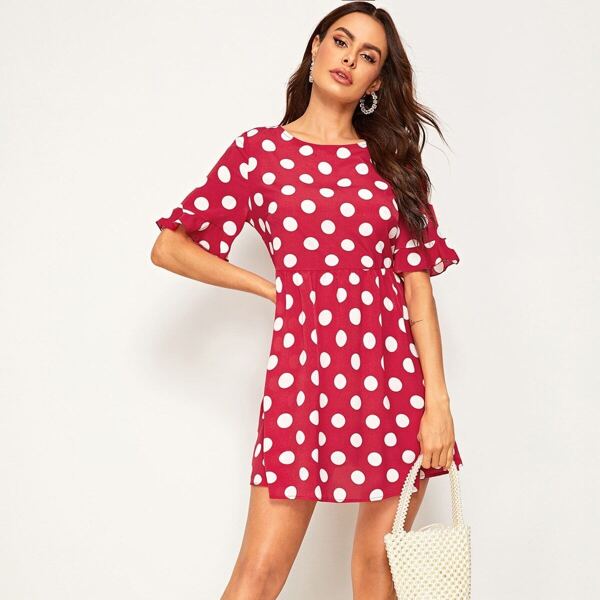 

Polka Dot Flounce Sleeve Dress, Red bright