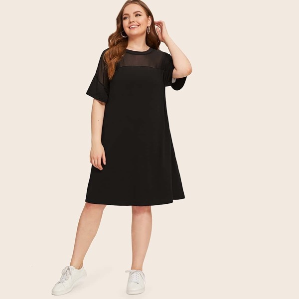 

Plus Mesh Yoke Insert Tunic Dress, Black