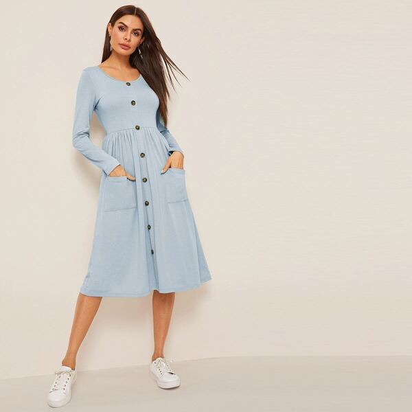 

Single Breasted Pocket Patched Dress