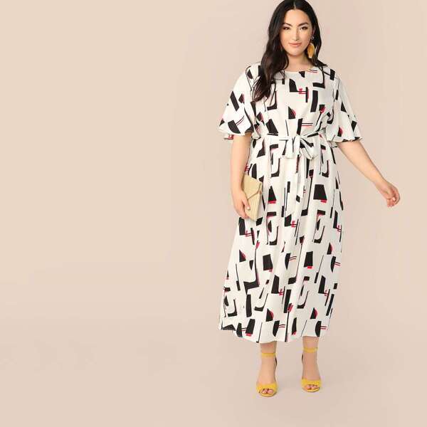 

Plus Flutter Sleeve Self Belted Geo Maxi Dress, White