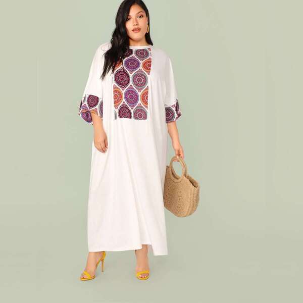 

Plus Tribal Print Panel Oversized Dress, White