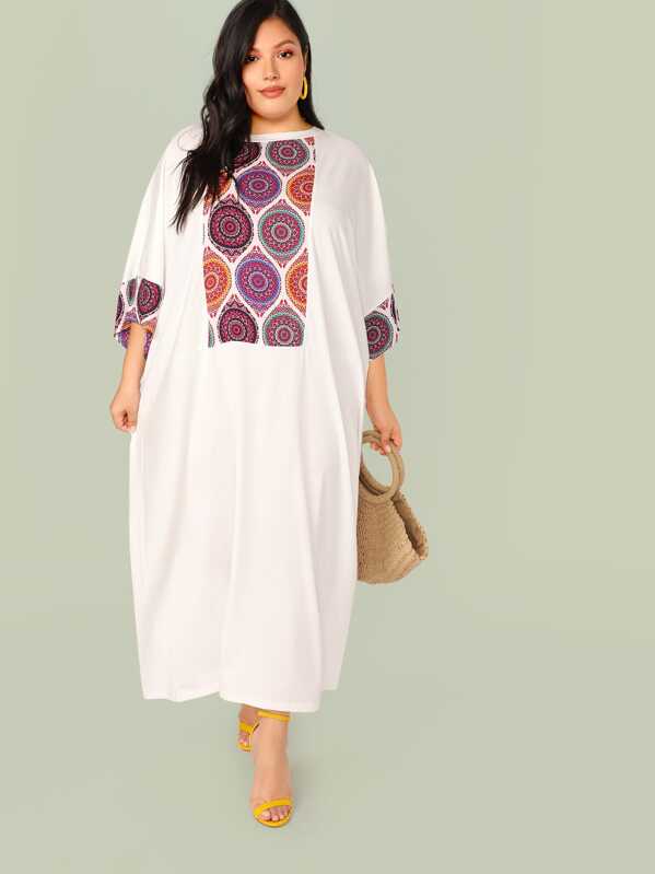

Plus Tribal Print Panel Oversized Dress, White, Vanessa Romo