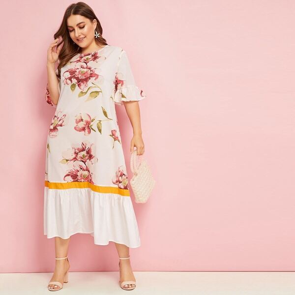 

Plus Cut-and-Sew Flippy Hem Floral Print Dress, Multicolor