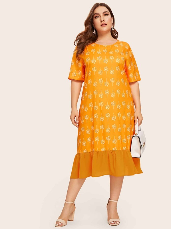 

Plus Neon Orange Ruffle Hem Plants Print Dress, Franziska