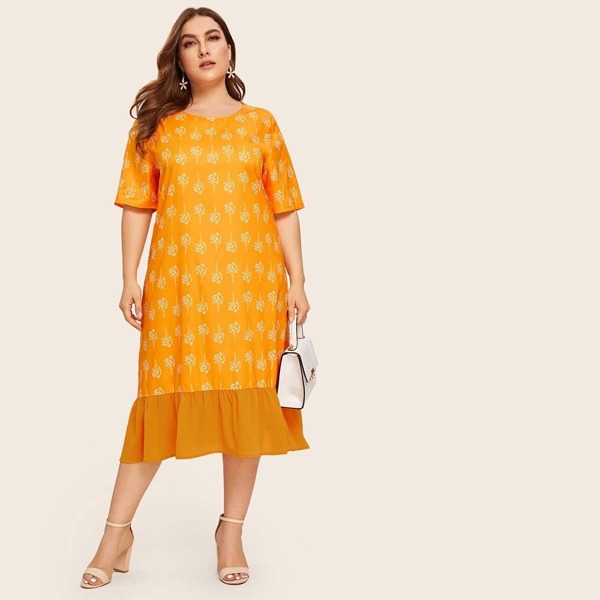

Plus Neon Orange Ruffle Hem Plants Print Dress, Orange bright