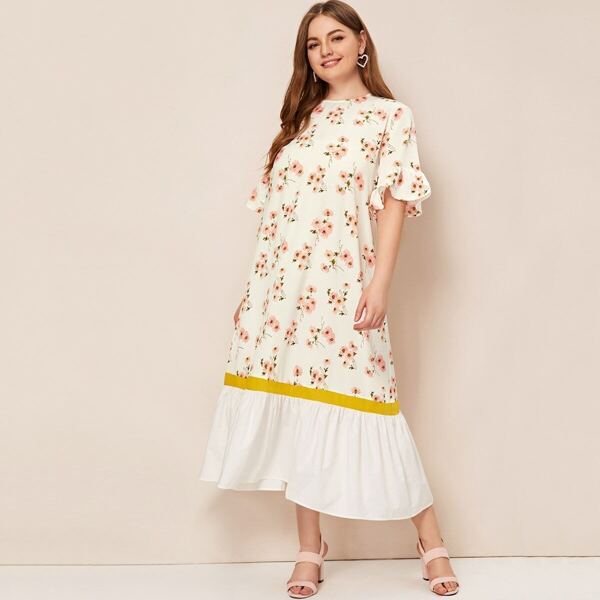 

Plus Cut-and-Sew Flippy Hem Floral Print Dress, Multicolor
