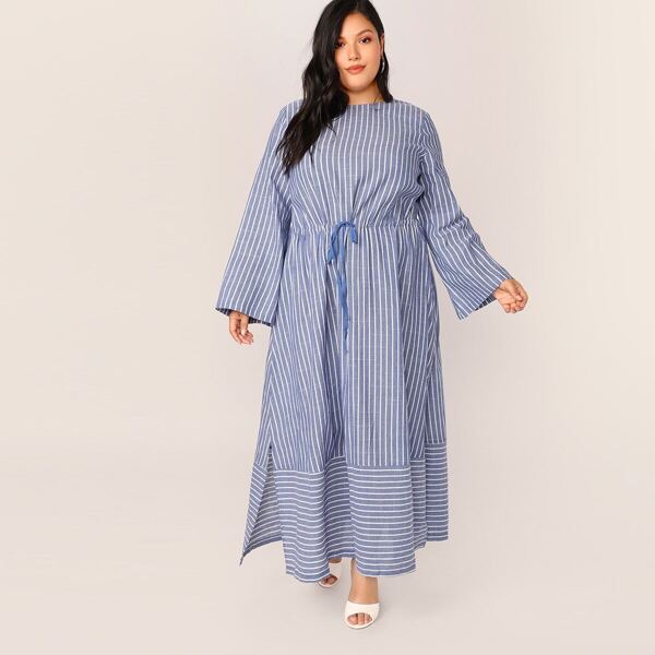 

Plus Drawstring Waist Split Side Striped Dress, Blue