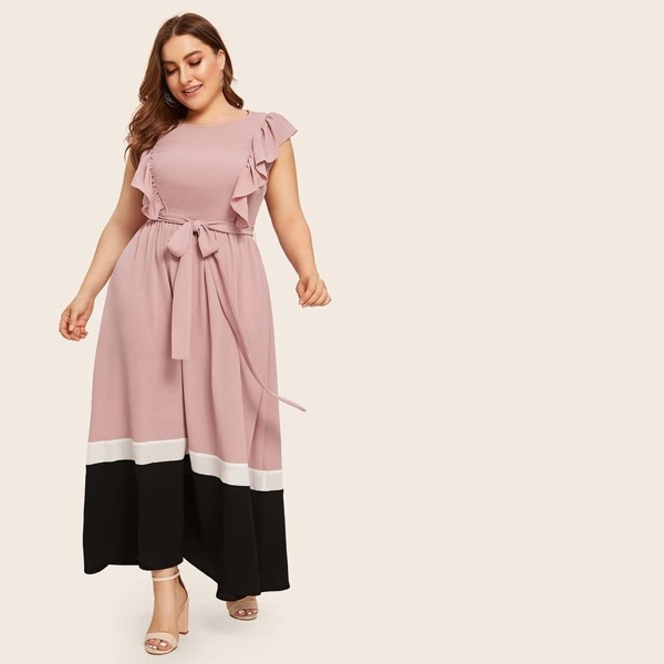 

Plus Ruffle Armhole Self Belted Colorblock Dress, Pink