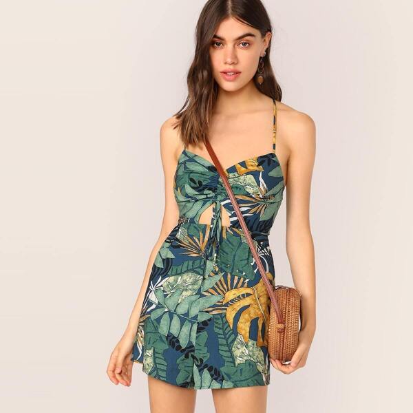 

Crisscross Back Drawstring Front Tropical Print Romper