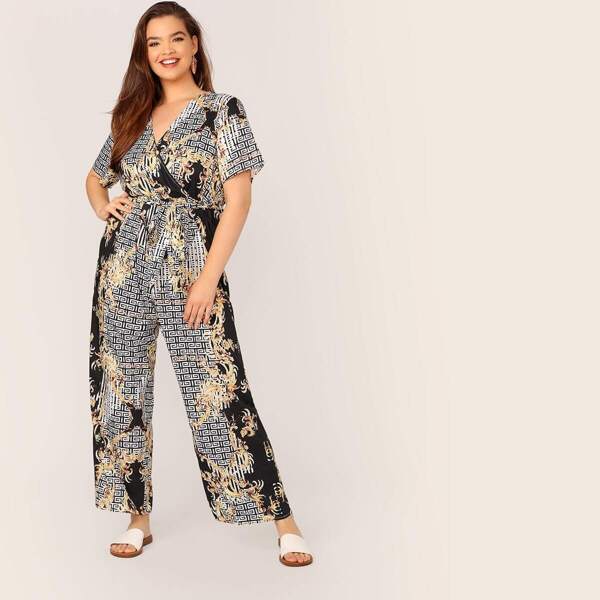 

Plus Baroque & Greek Fret Print Wrap Belted Palazzo Jumpsuit, Multicolor