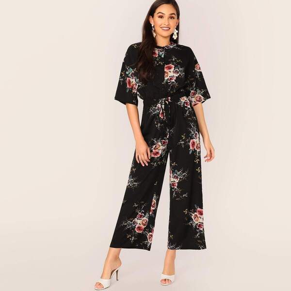 

Elastic Waist Button Front Floral Palazzo Jumpsuit