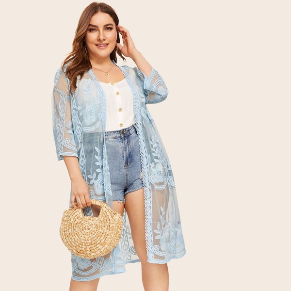 

Plus Drop Shoulder Embroidered Mesh Kimono, Blue pastel
