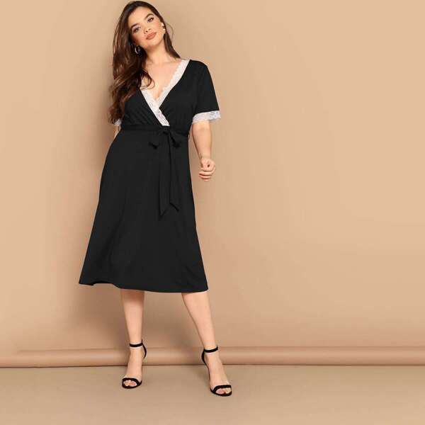 

Plus Lace Trim Surplice Neck Wrap Belted Nightdress