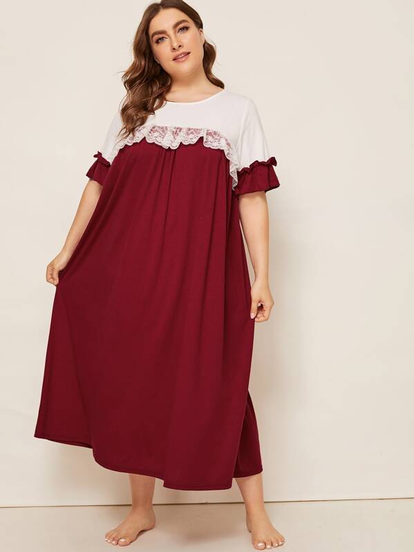 

Plus Lace Trim Two Tone Smock Night Dress, Burgundy, Franziska