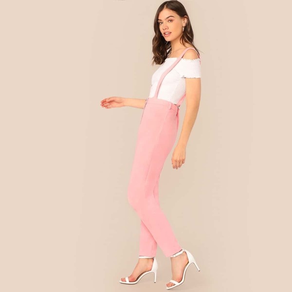 

Solid Button Fly Suspender Tapered Trousers