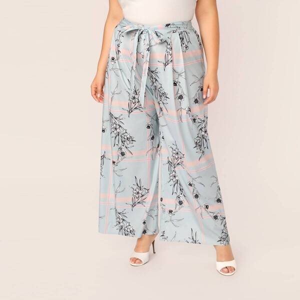 

Plus Floral & Plaid Print Belted Palazzo Pants, Blue pastel