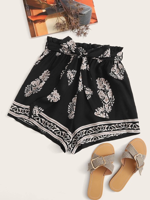 

Paperbag Waist Tribal Print Shorts, Black