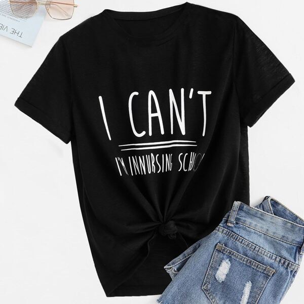 

Slogan Print Cuffed Top