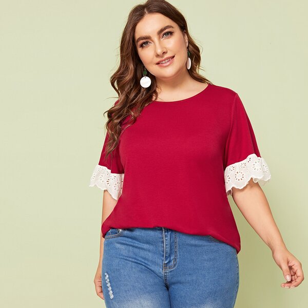 

Plus Contrast Embroidery Eyelet Cuff Top, Red