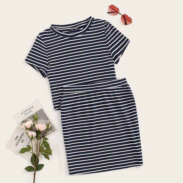 

Rib-knit Striped Top & Skirt Set