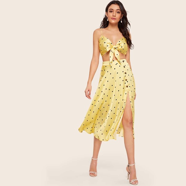 

Tie Front Satin Cami Top and Split Skirt Set