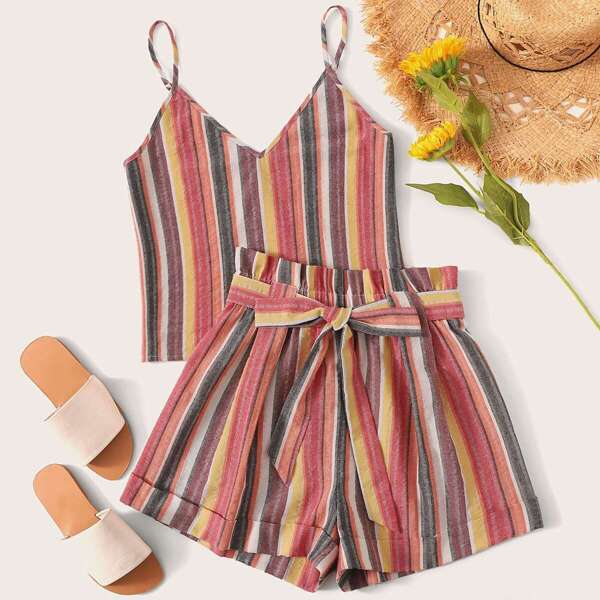 

Striped Cami Top & Paperbag Waist Shorts Set