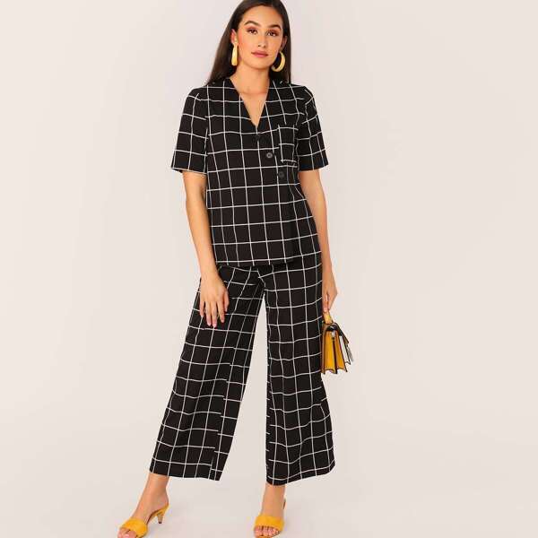 

Grid Print Asymmetrical Button Up Top and Palazzo Pants Set, Black