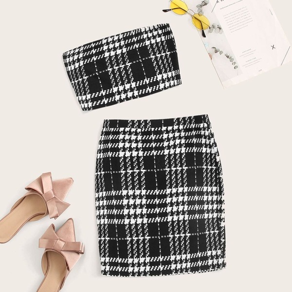 

Houndstooth Bandeau Top & Skirt Set, Black and white