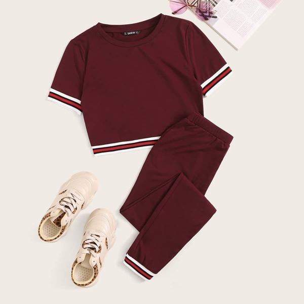 

Striped Tape Trim Crop Top & Pants Set, Burgundy