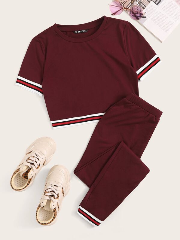 

Striped Tape Trim Crop Top & Pants Set, Burgundy